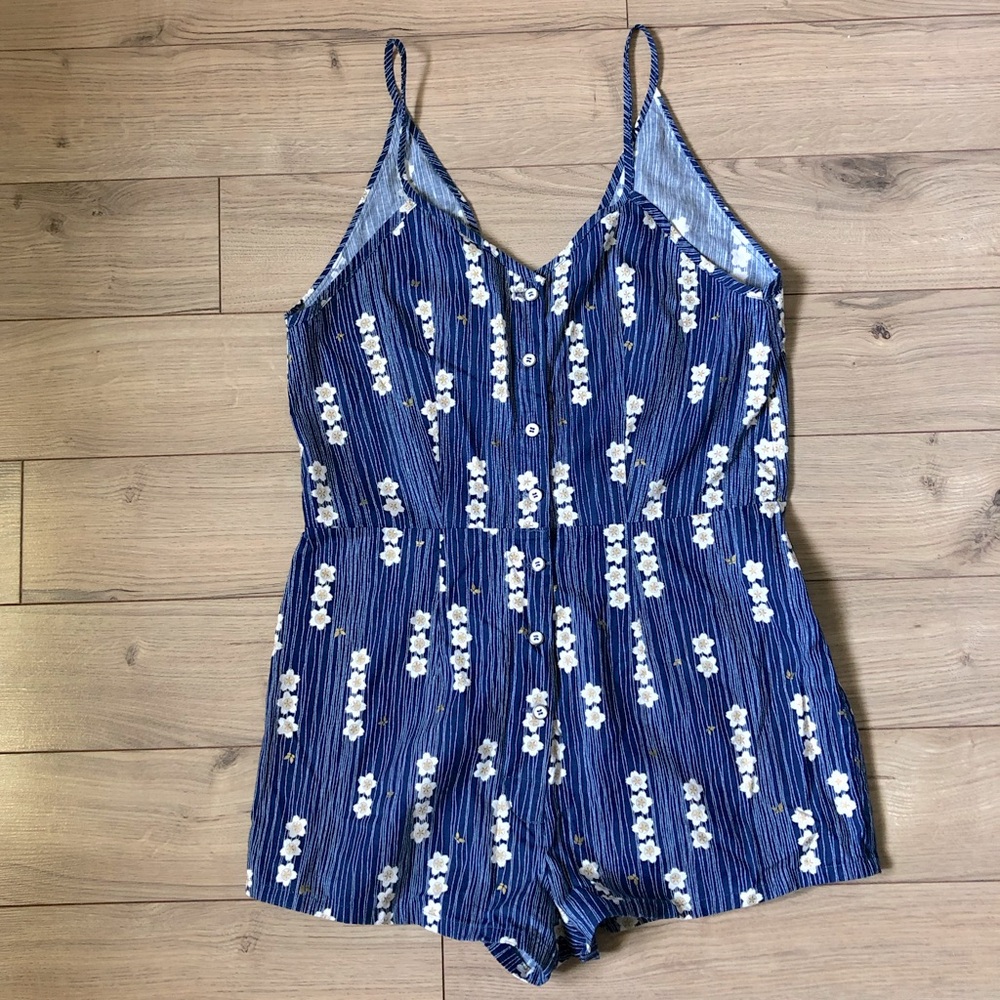 Women’s Vintage Handmade Blue Floral Button up Spaghetti strap Romper size S